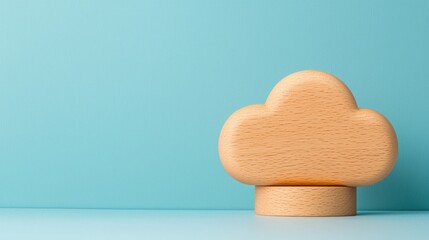 Minimalist wooden cloud shape on a blue background, representing simplicity, creativity, and modern design. Ideal for tech or environmental concepts.