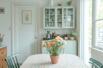 Bright and Cozy Dining Room with a Touch of Greenery and Books