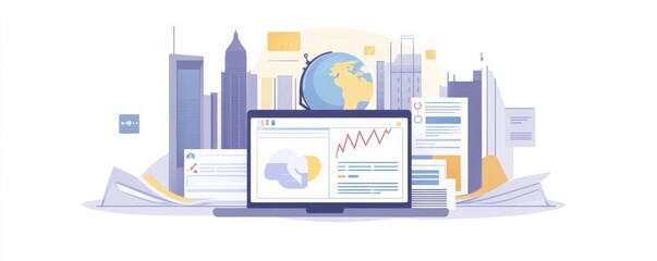 Digital marketing illustration featuring laptop with analytics and skyscraper skyline in the background conveying modern business strategies