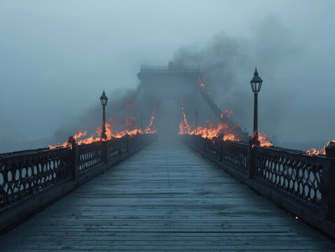 An ominous image of a burning bridge enveloped in thick fog and smoke, with flames casting an eerie glow on the surroundings.
