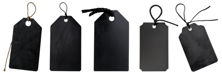 Set of isolated blank black price tags on a transparent background for Black Friday or sale events.