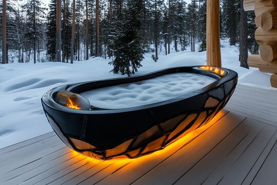 Outdoor bathtub, snowy landscape, cozy winter soak contrasts the cold surroundings with the warmth of a perfectly heated bath