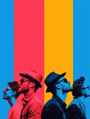 Vibrant Pop Art Style Portrait of Four Trendy Individuals in Sunglasses and Hats Against Colorful...