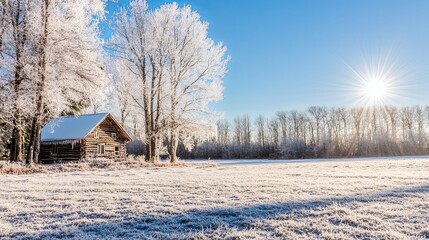  A stunning winter wonderland landscape featuring ice-covered trees glistening under the sunlight, with a cozy cabin illuminated by the warm rays. 