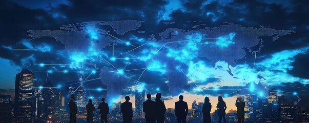 Silhouetted business people standing against a digital world map with blue lines connecting diverse cities, symbolizing global networking and international communication.