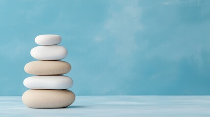 Stack of smooth pebbles on a blue background, symbolizing balance, zen, and relaxation. Ideal for wellness and spa concepts.