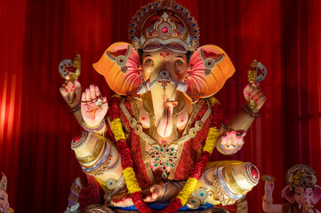 A Closeup shot Ganpati Installed in a Pandal during the 10 Day Ganesh Festival, the idols are immersed in heavy water bodies after the 10 days.