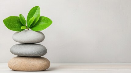 Stacked stones with green leaves on top, symbolizing balance and tranquility, minimalist zen concept. Perfect for spa, wellness, and meditation themes.