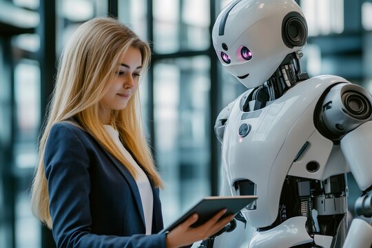 Gesch&auml;ftsfrau arbeitet mit humanoidem Roboter &ndash; Zusammenarbeit von Mensch und k&uuml;nstlicher Intelligenz