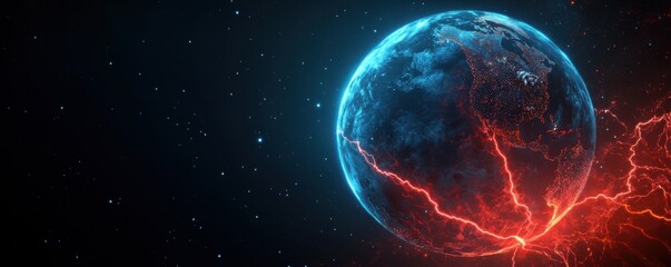 Obraz premium Abstract glowing blue planet Earth with striking red lightning, showcasing an imaginative celestial landscape