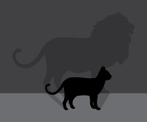  black cat with lion shadow. cartoon sticker wallpaper. artistic retro style.