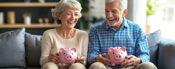 Elderly couple enjoying retirement while sitting on the sofa with pink piggy banks, symbolizing savings and financial planning for the future.