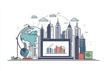 Obraz premium Illustration of global business concepts featuring a laptop with graphs and a city skyline backdrop