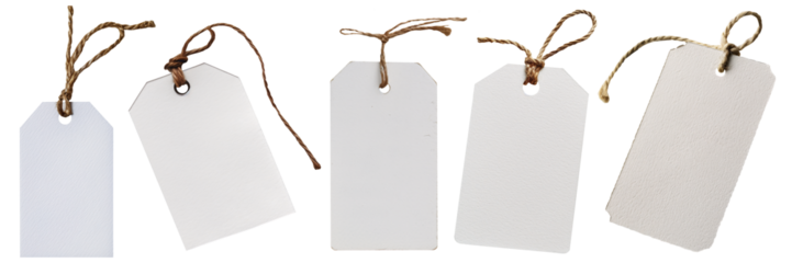 Set of isolated blank white price tags on a transparent background for Black Friday or sale events.
