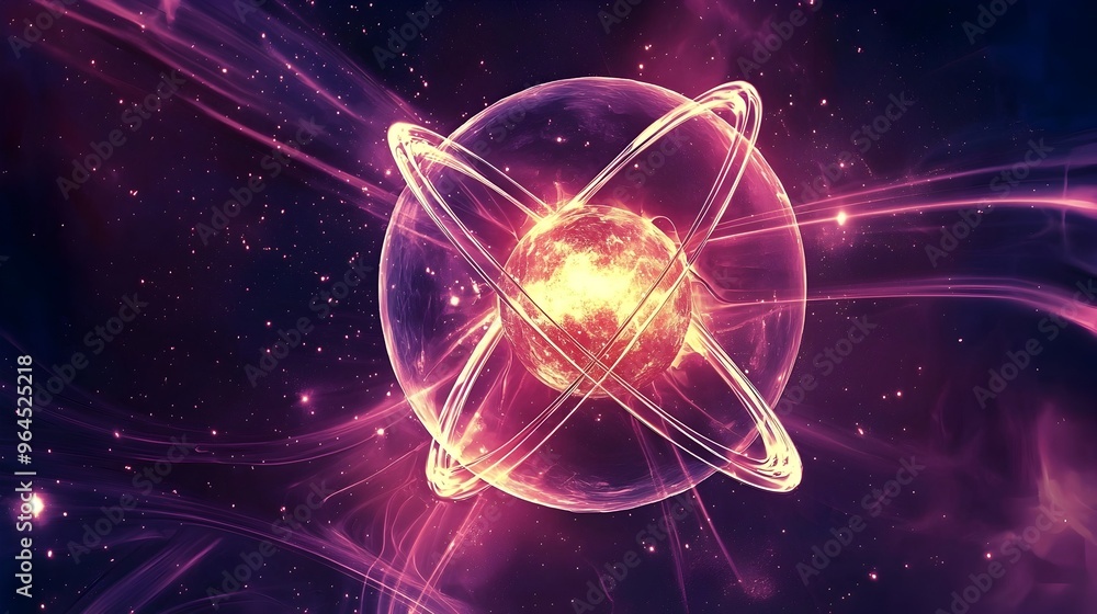 Poster visualizing the nuclear fission process with radiant energy waves and particle dynamics