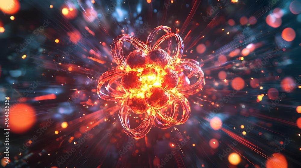 Poster atomic nucleus splitting during nuclear fission with energy release and particle scattering