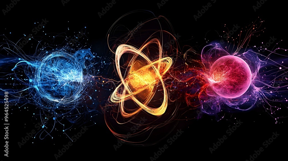Aufkleber visualizing atomic nucleus fusion and fission energy dynamics