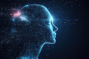 Conceptual digital artwork depicting artificial intelligence merging with human creativity under a starry cosmic backdrop