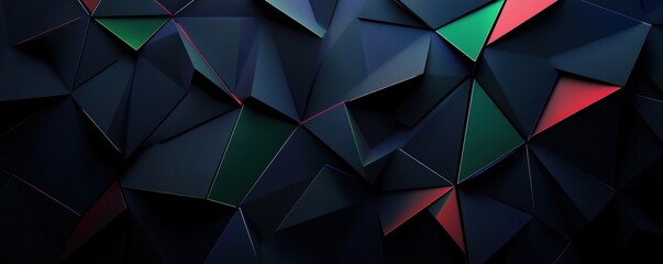 Obraz premium Abstract geometric design with dark blue, green, and red polygons on a black background creating a modern and dynamic feel