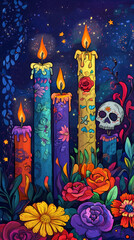 Obraz premium Floral-Adorned Candles for Dia de los Muertos, Deep Blues and Purples in Background 
