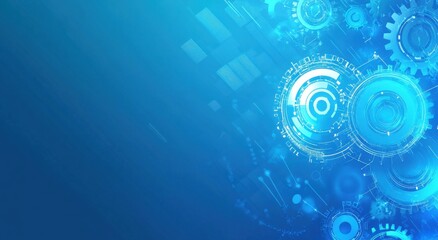 Blue technology background with gears and arrows depicting innovation and mechanical progress