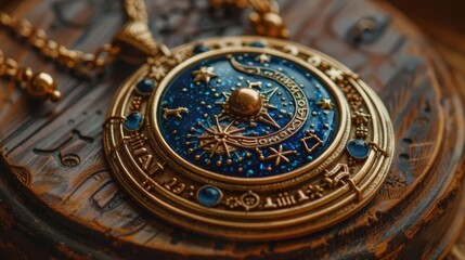 Intricate golden pendant featuring celestial designs, capturing the essence of astrology and mystique in a beautiful piece of jewelry.