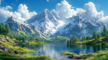 Stunning landscape featuring a pristine lake reflecting towering, snow-capped mountain peaks under a vibrant blue sky
