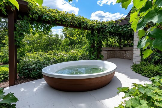 Outdoor bathtub, surrounded by vines, hidden retreat creates a secret garden-like atmosphere with vines growing around the space