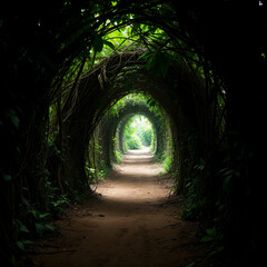 Green Canopy Tunnel with Lush Vegetation and Natural Path