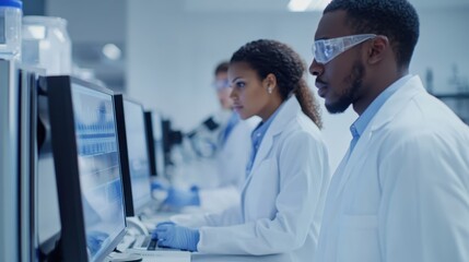 Obraz premium A diverse team of engineers analyzing industry job trends with high-tech equipment.