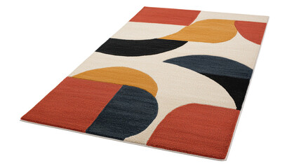 Colorful geometric area rug featuring curved shapes in red, orange, yellow, and black. This contemporary rug adds a modern and artistic element to home decor. Isolated on transparent background, png.