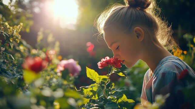 Gardener smells flower under sun.