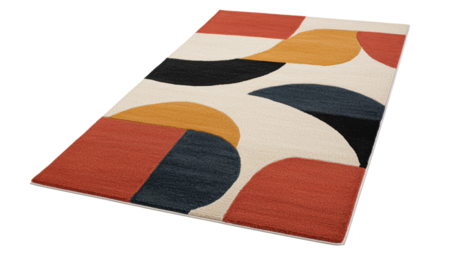 Colorful geometric area rug featuring curved shapes in red, orange, yellow, and black. This contemporary rug adds a modern and artistic element to home decor. Isolated on transparent background, png.