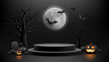 Halloween 3D black podium, Spooky trees and glowing pumpkins and bat flying, banner design on moon night black background, Eps 10 vector illustration