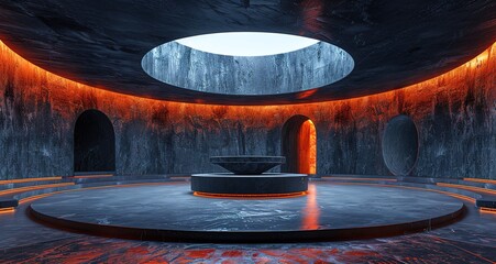 Futuristic, circular room with glowing orange walls, a circular platform with a basin, and a skylight.  The room has a mysterious and ethereal vibe.