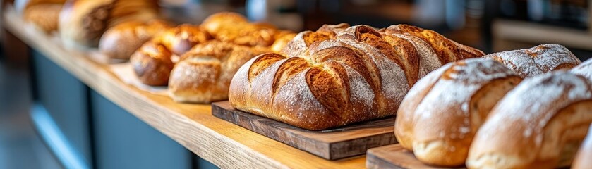Freshly baked bread loaves on a wooden table, showcasing a variety of shapes and textures in a cozy bakery setting.