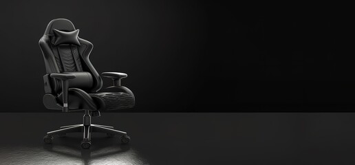 A black leather gaming chair with a headrest and lumbar support. The chair is set against a dark background, creating a sense of mystery and intrigue.