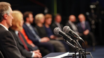 A debate or panel discussion where participants are articulating their arguments clearly and confidently, with microphones and audience in the background