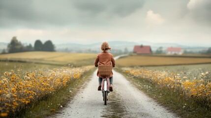 Obraz premium Woman Riding Bicycle on Country Road Surrounded by Wildflowers and Fields Under Cloudy Sky