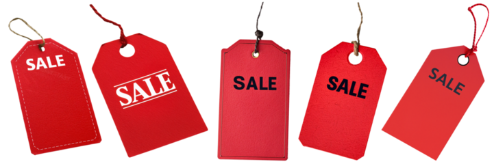 Set of isolated red price tags with black and white text "SALE" on a transparent background for Black Friday or sale events.