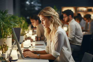 Focused woman working on laptop in modern office with plants