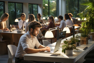Fototapeta premium Focused woman working on laptop in modern office with plants