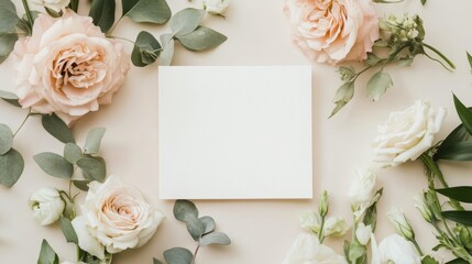 Elegant wedding invitation mockup with blank card on white floral background, greeting card mockup for Valentine's day or birthday, mother's day