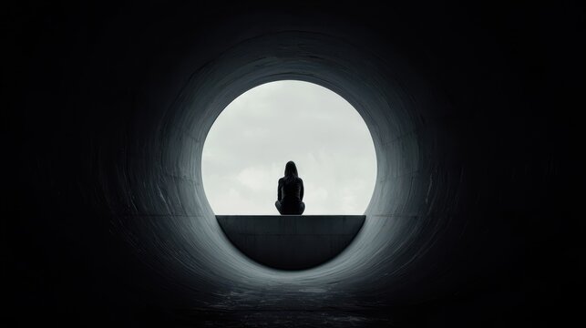 Silhouette of a Person Sitting in a Circular Tunnel with a View of the Sky