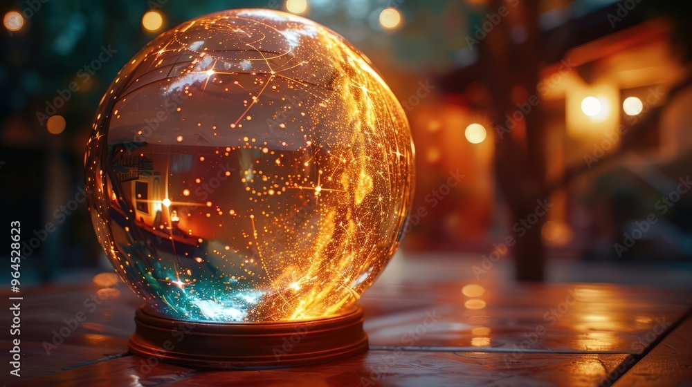 Poster a glowing crystal sphere emits light trails and cosmic patterns, creating a magical atmosphere in a 