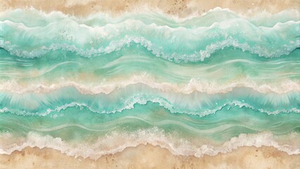 Mint green and sandy beige brush strokes wallpaper with seashore waves background, perfect for a soothing coastal vibe