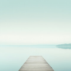 Fototapeta premium A minimalist wooden pier stretches into a calm, mist-covered lake under a pale blue sky, evoking peace and solitude. 