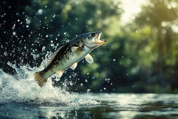Obraz premium Catching a fish mid-jump, action photography style, with copy space