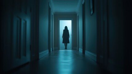 Mysterious Silhouette of a Woman Standing in a Dimly Lit Hallway with a Bright Light at the End