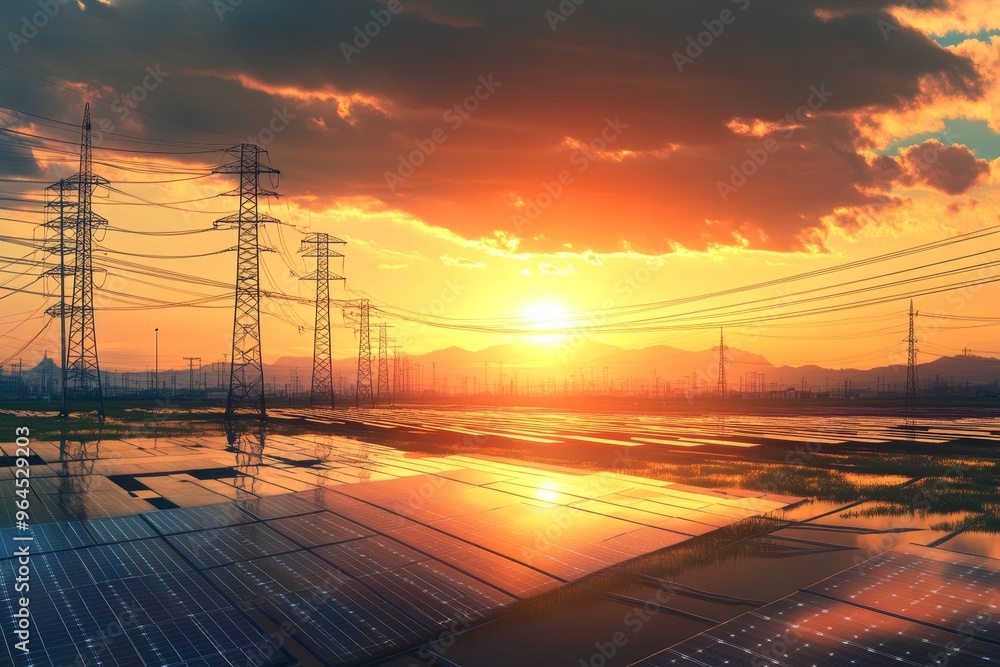 Wall mural A breathtaking panorama of a solar power field illuminated by a vibrant sunset. The image captures the transition from day to night, highlighting the power of renewable energy.  The silhouette of powe